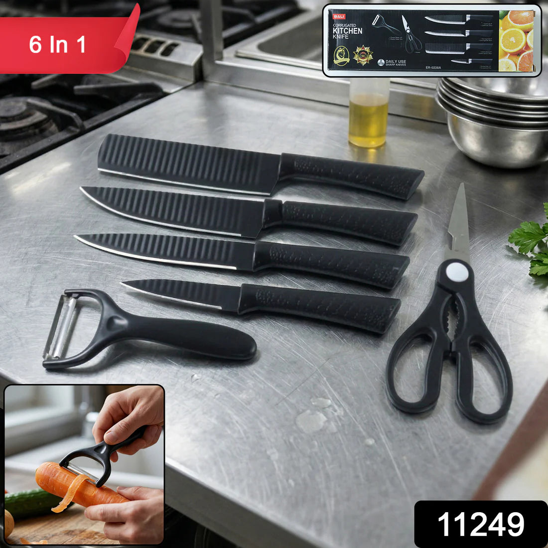 Ossica™ 6-in-1 Premium Kitchen Knife Set – Stainless Steel Knives with Scissors & Peeler